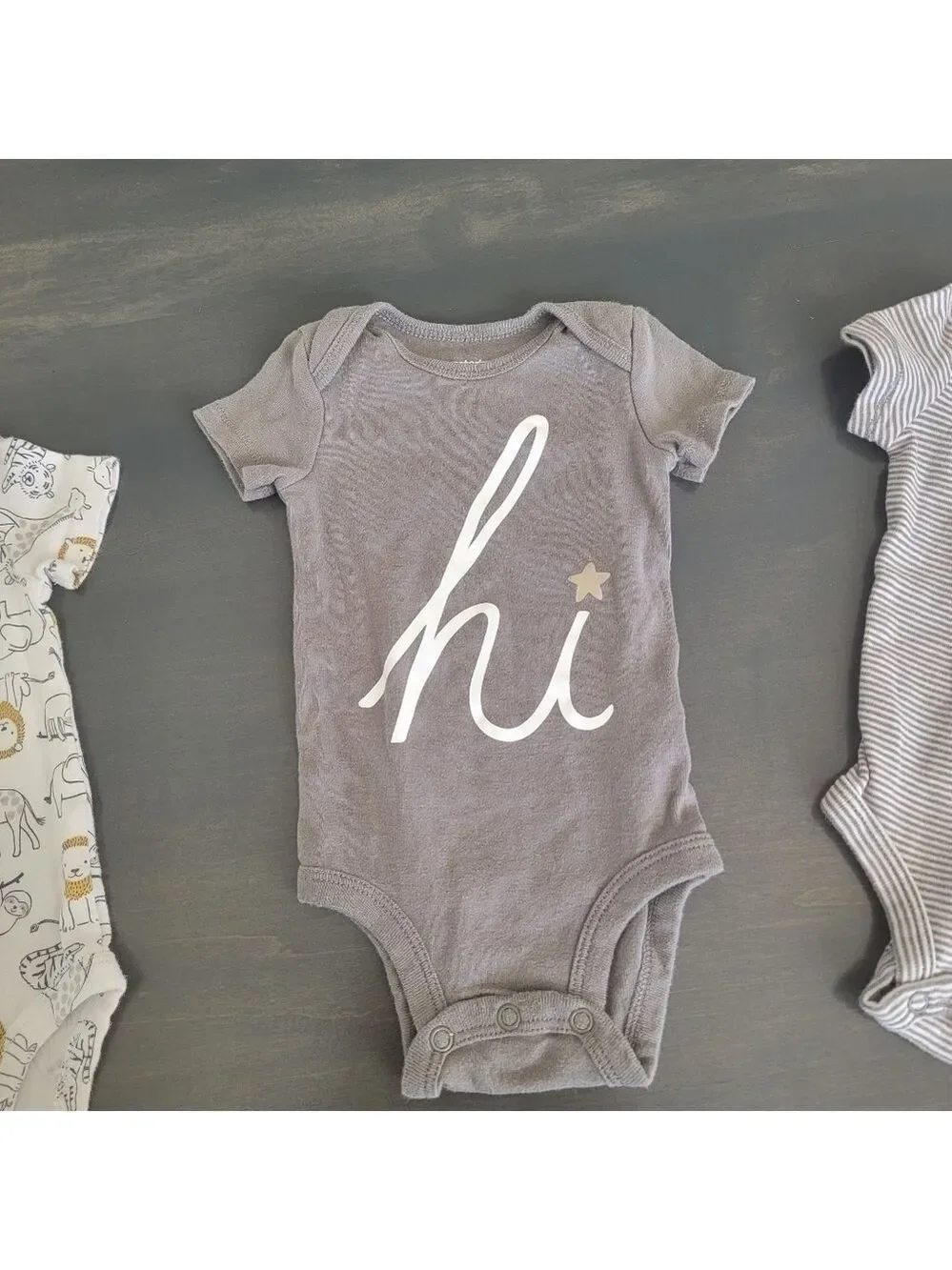Carter's 3 Piece Onesie Bundle Hi, Zoo Animal Print, Striped Gray White 3 months